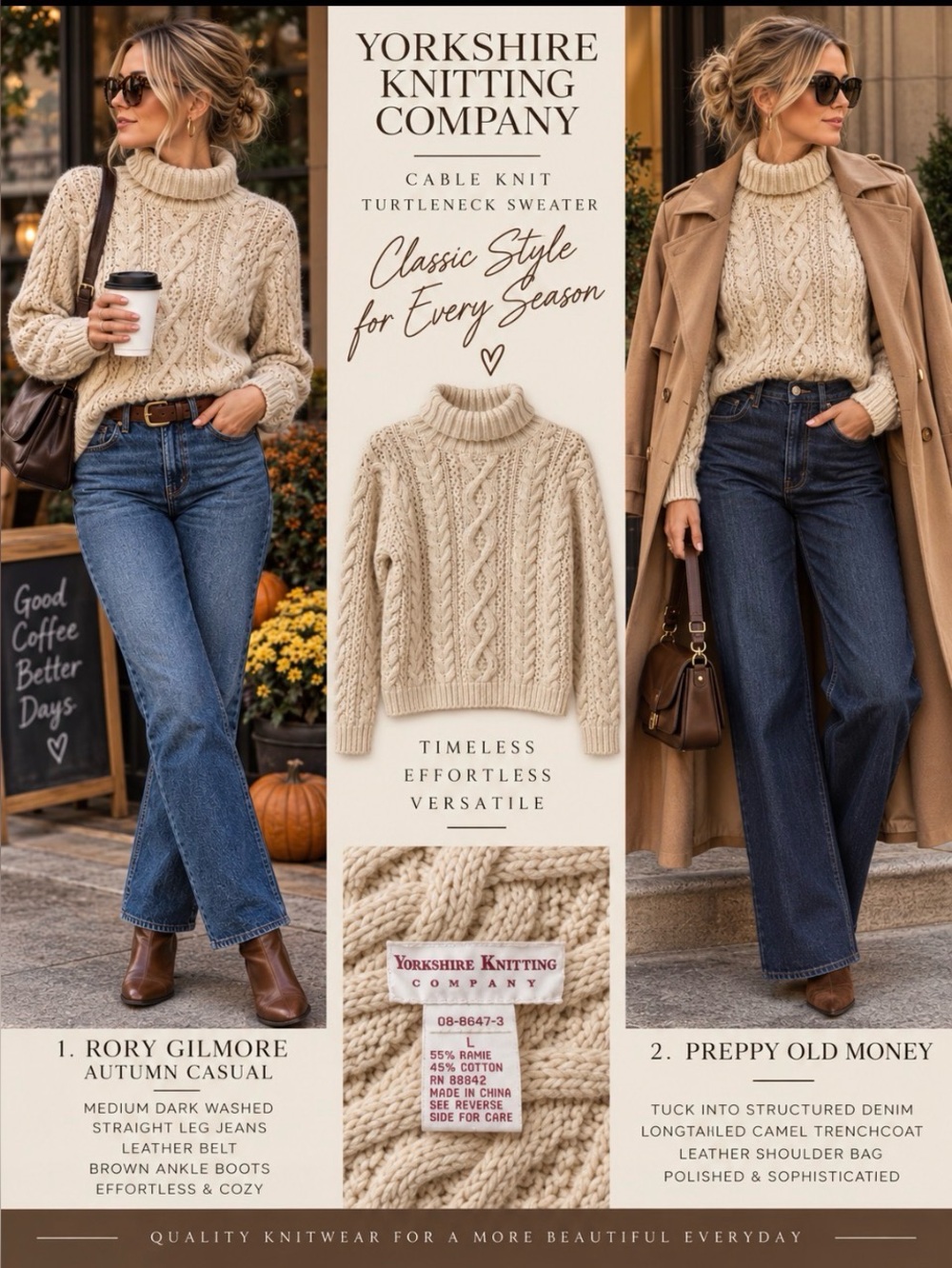 Vintage Yorkshire Knitting Co. Cream Cable Knit Turtleneck Sweater - Large NWOT